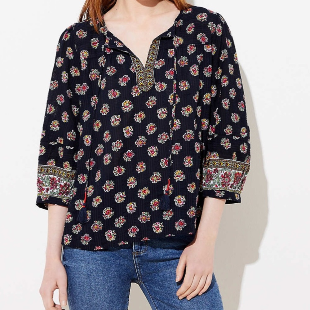 LOFT Bloom Split Neck Blouse in Forever Navy